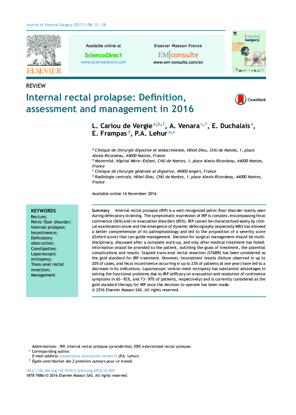 پرولاپس داخلی رکتال: تعریف، ارزیابی و مدیریت در سال 2016 