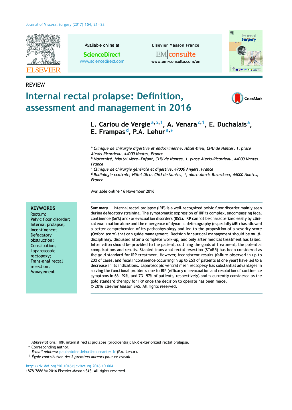 Internal rectal prolapse: Definition, assessment and management in 2016