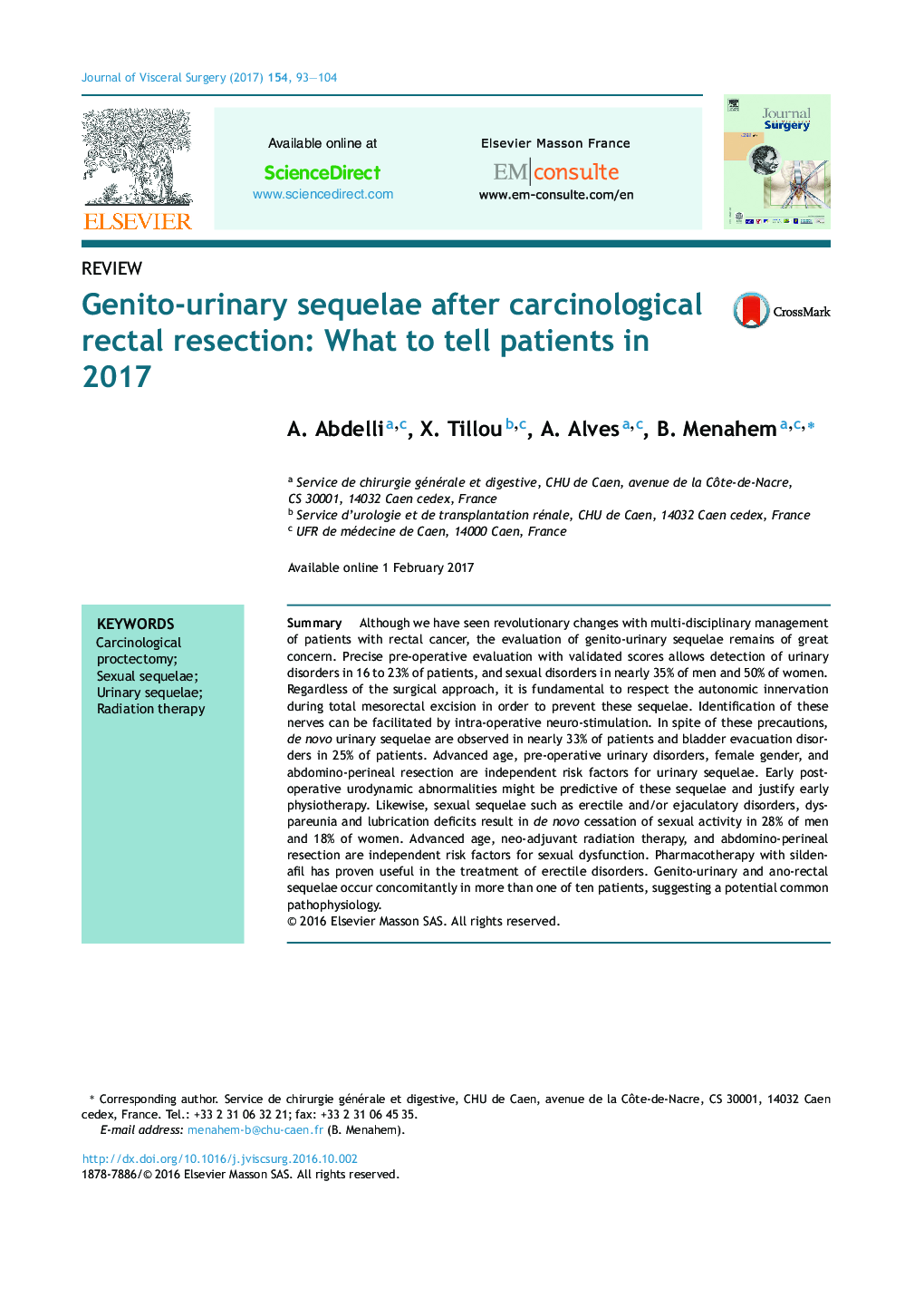 Genito-urinary sequelae after carcinological rectal resection: What to tell patients in 2017