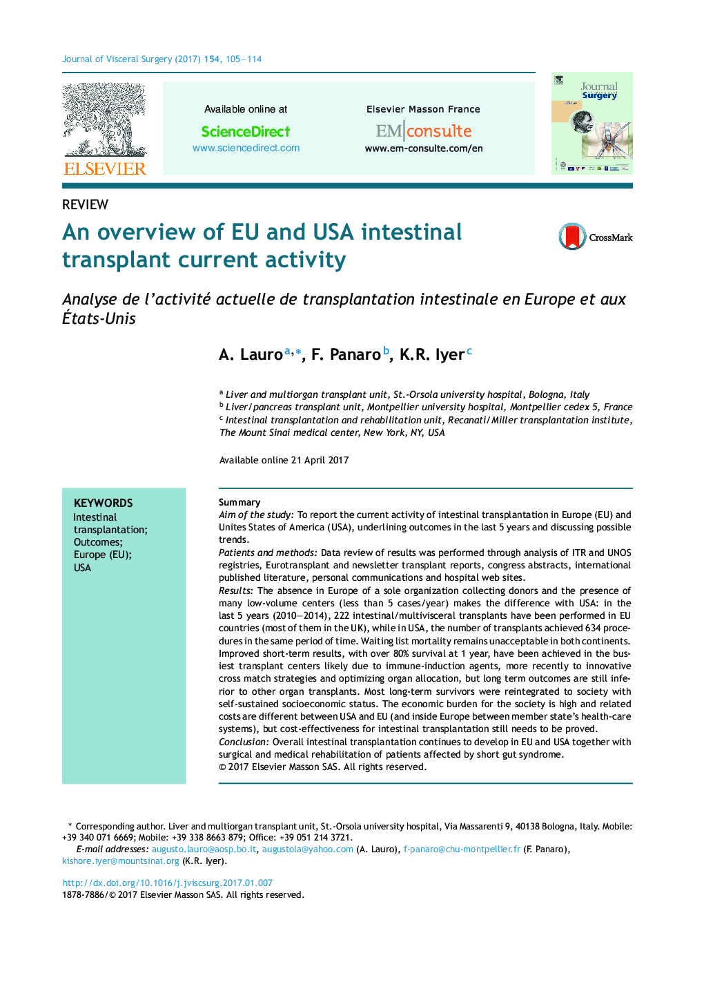 An overview of EU and USA intestinal transplant current activity
