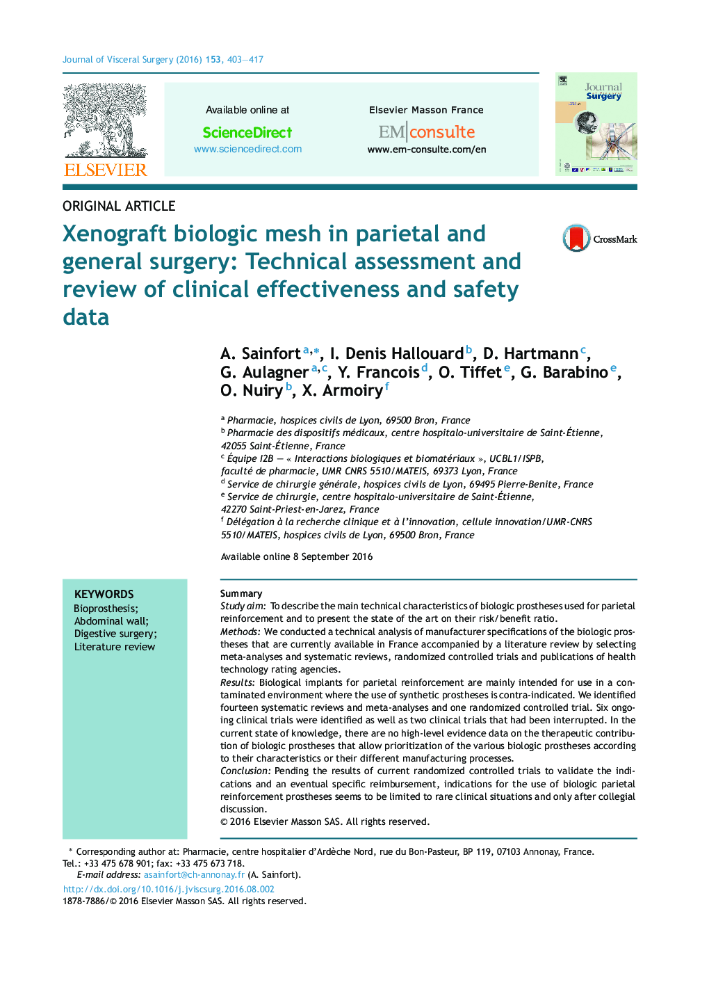 Xenograft biologic mesh in parietal and general surgery: Technical assessment and review of clinical effectiveness and safety data
