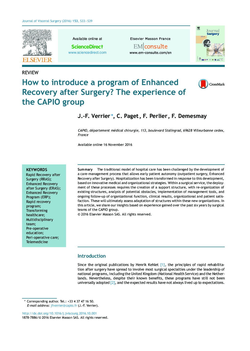 How to introduce a program of Enhanced Recovery after Surgery? The experience of the CAPIO group