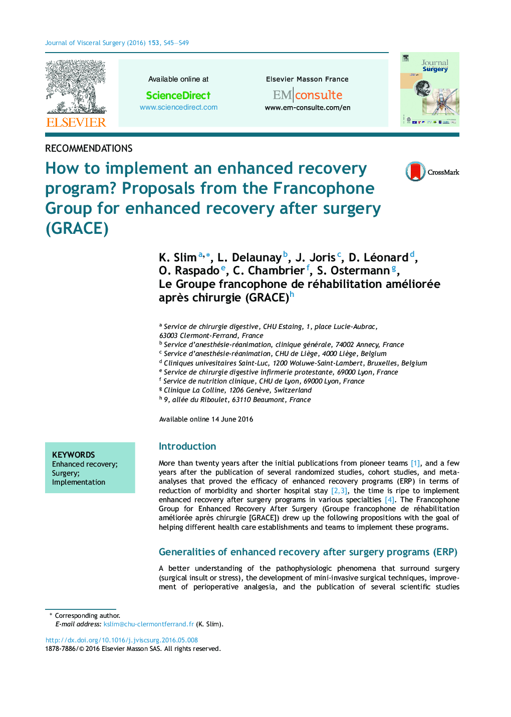 How to implement an enhanced recovery program? Proposals from the Francophone Group for enhanced recovery after surgery (GRACE)