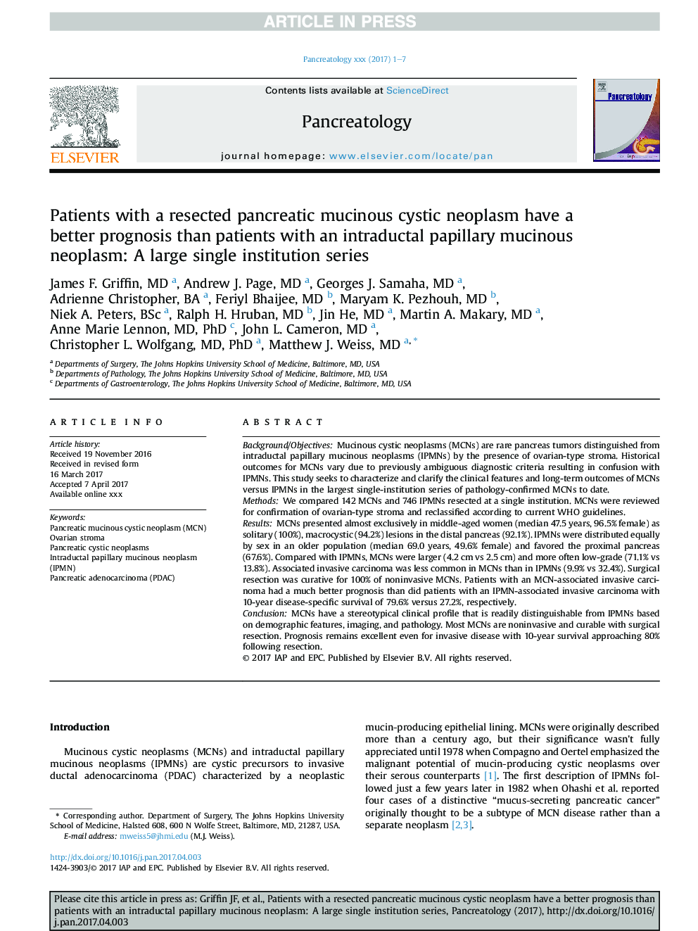 Patients with a resected pancreatic mucinous cystic neoplasm have a better prognosis than patients with an intraductal papillary mucinous neoplasm: A large single institution series