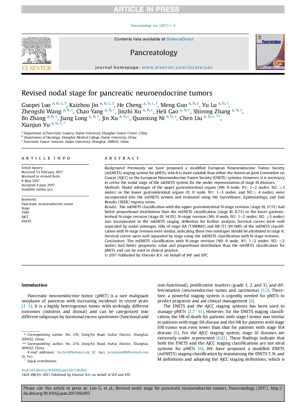 Revised nodal stage for pancreatic neuroendocrine tumors