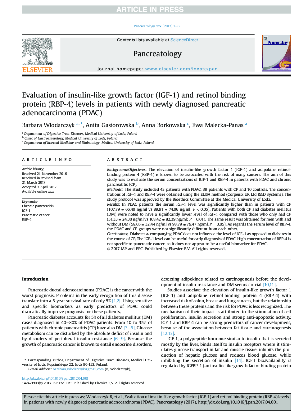 Evaluation of insulin-like growth factor (IGF-1) and retinol binding protein (RBP-4) levels in patients with newly diagnosed pancreatic adenocarcinoma (PDAC)