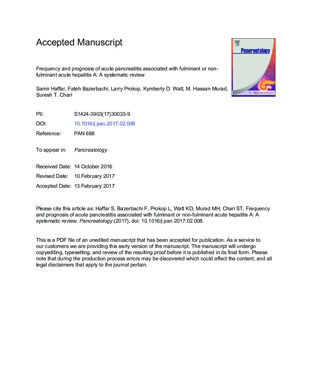 Frequency and prognosis of acute pancreatitis associated with fulminant or non-fulminant acute hepatitis A: A systematic review