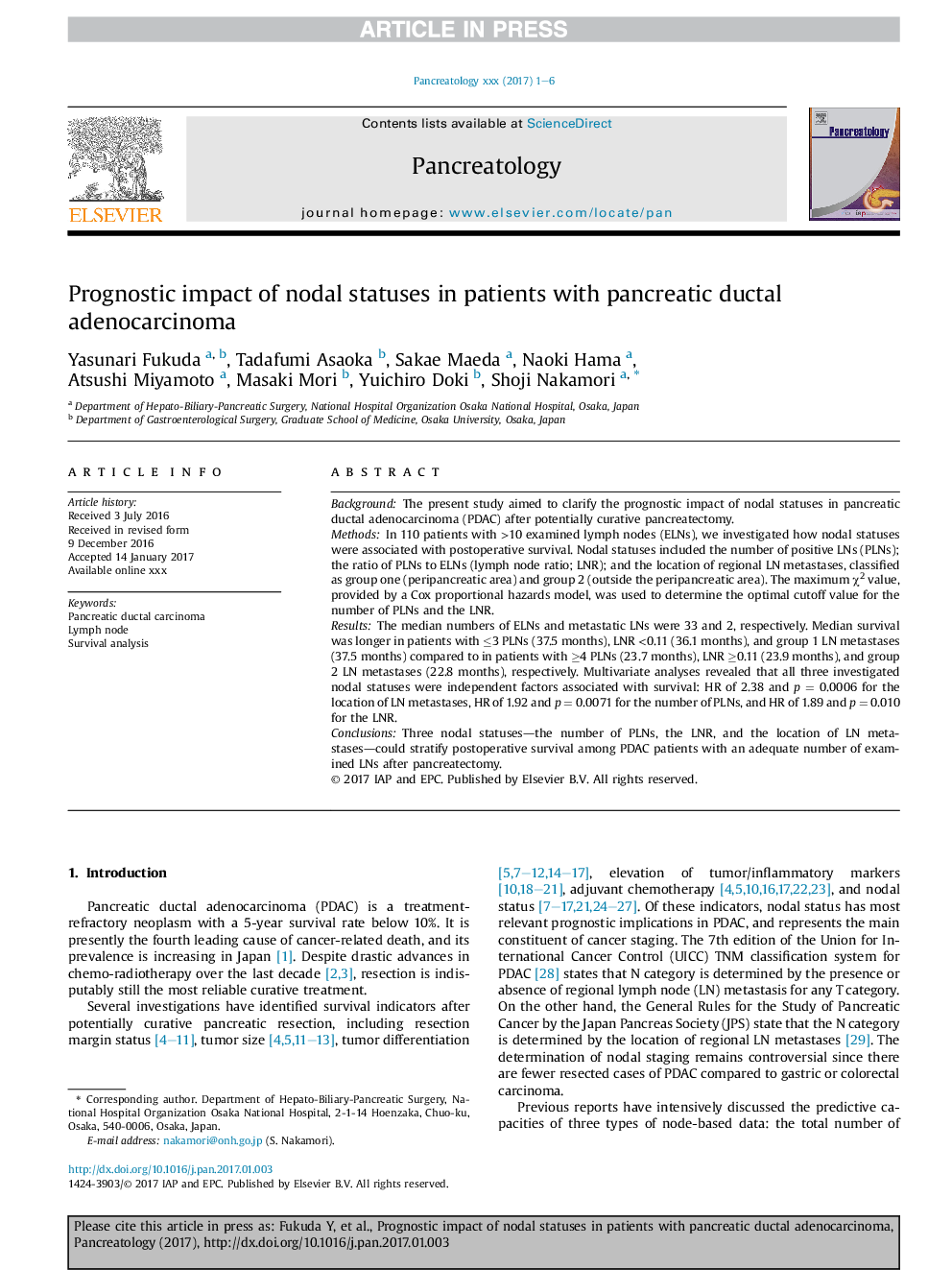 Prognostic impact of nodal statuses in patients with pancreatic ductal adenocarcinoma