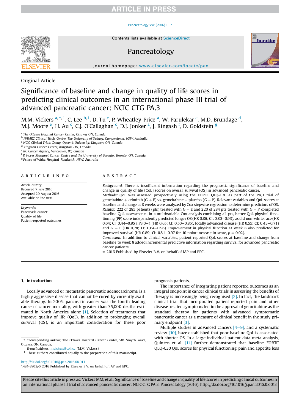 Significance of baseline and change in quality of life scores in predicting clinical outcomes in an international phase III trial of advanced pancreatic cancer: NCIC CTG PA.3