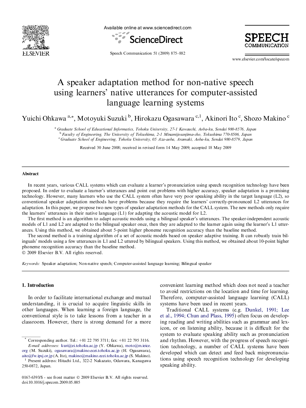 A speaker adaptation method for non-native speech using learners’ native utterances for computer-assisted language learning systems