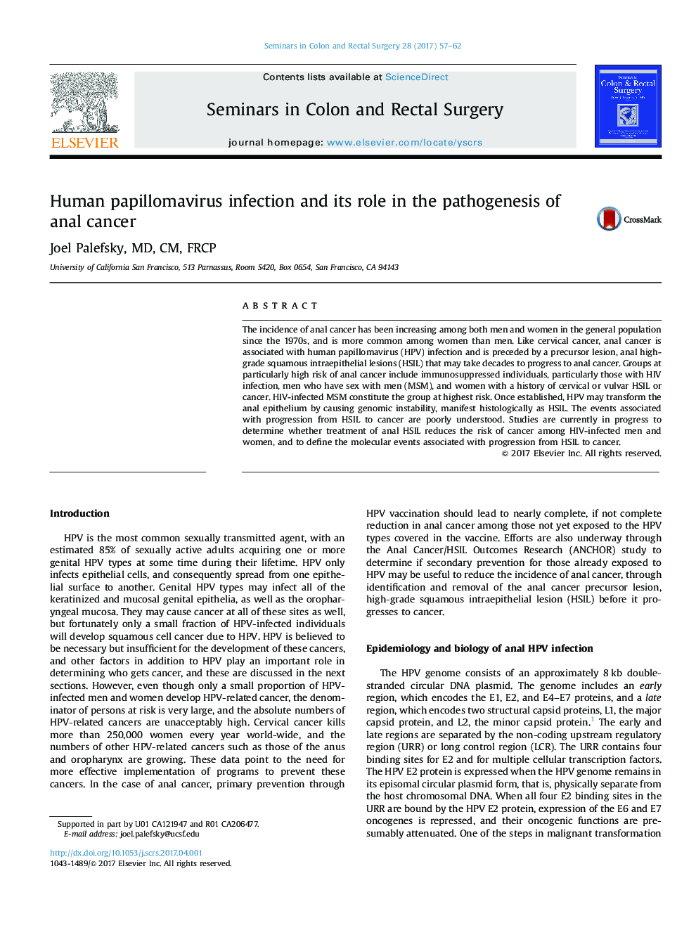 Human papillomavirus infection and its role in the pathogenesis of anal cancer