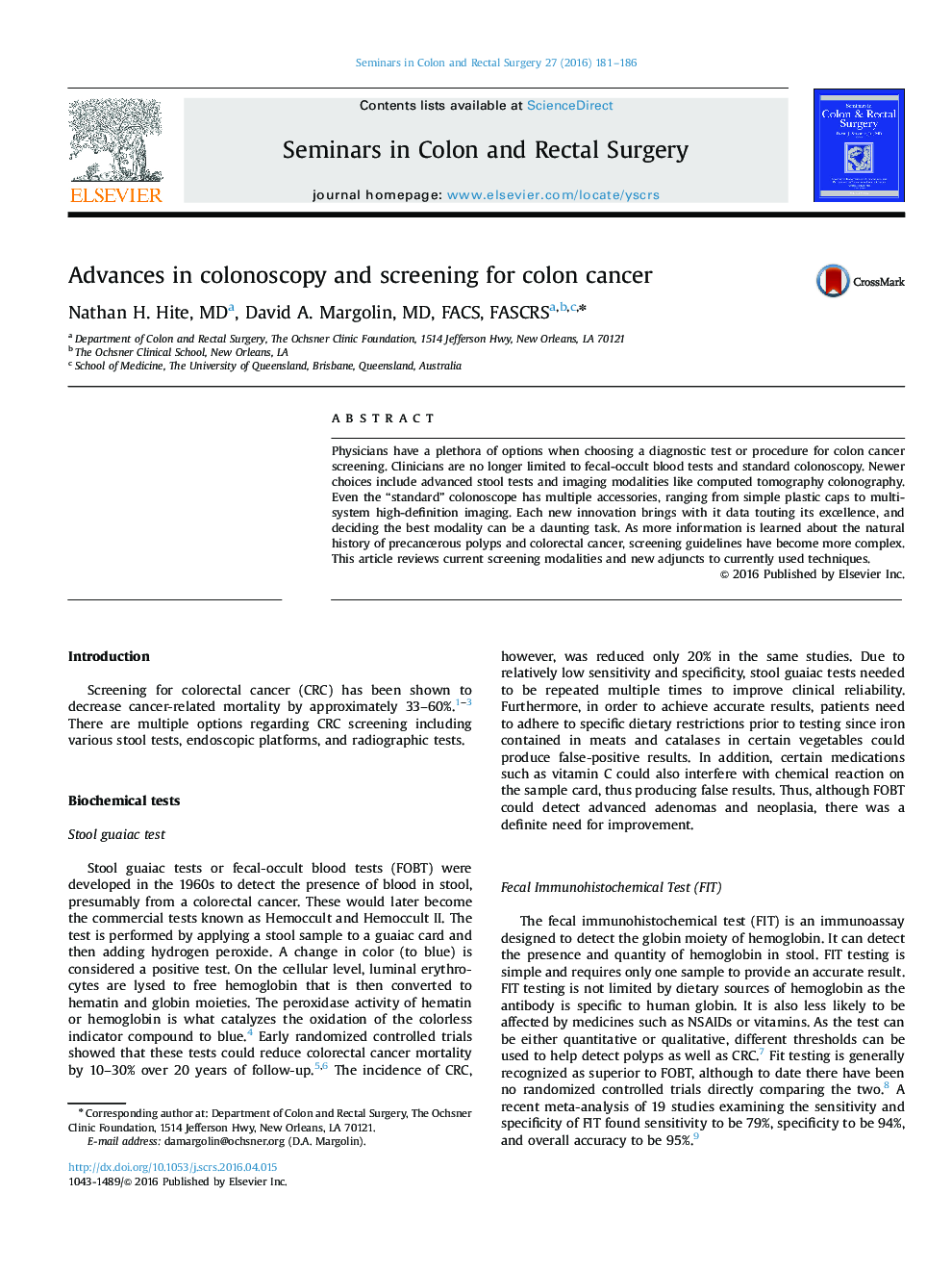 Advances in colonoscopy and screening for colon cancer