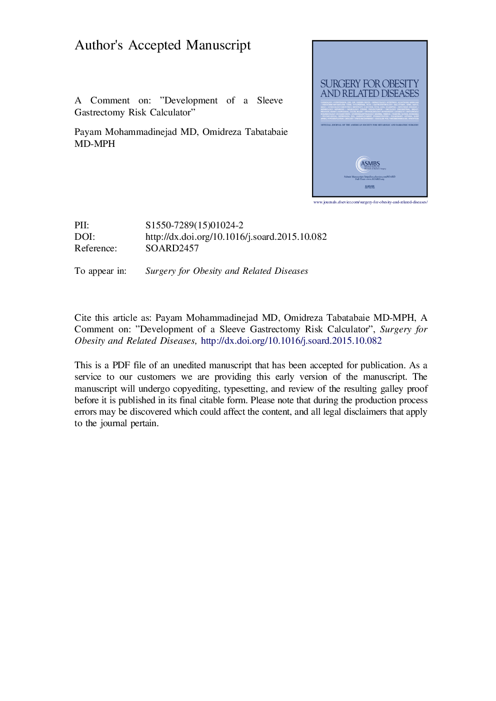 عکس صفحه اول مقاله: Comment on: “Development of a sleeve gastrectomy risk calculator” Comment on: “Development of a sleeve gastrectomy risk calculator”
