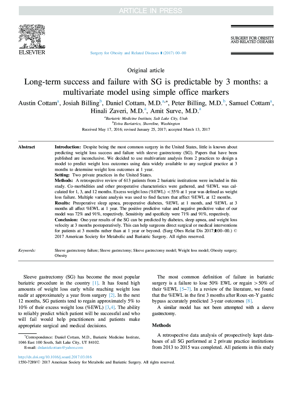 عکس صفحه اول مقاله: Long-term success and failure with SG is predictable by 3 months: a multivariate model using simple office markers Long-term success and failure with SG is predictable by 3 months: a multivariate model using simple office markers