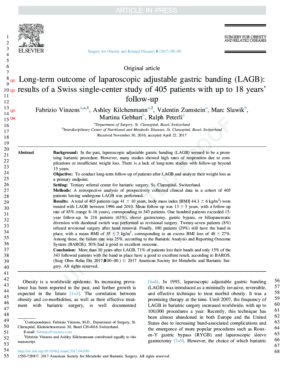 Long-term outcome of laparoscopic adjustable gastric banding (LAGB): results of a Swiss single-center study of 405 patients with up to 18 years' follow-up