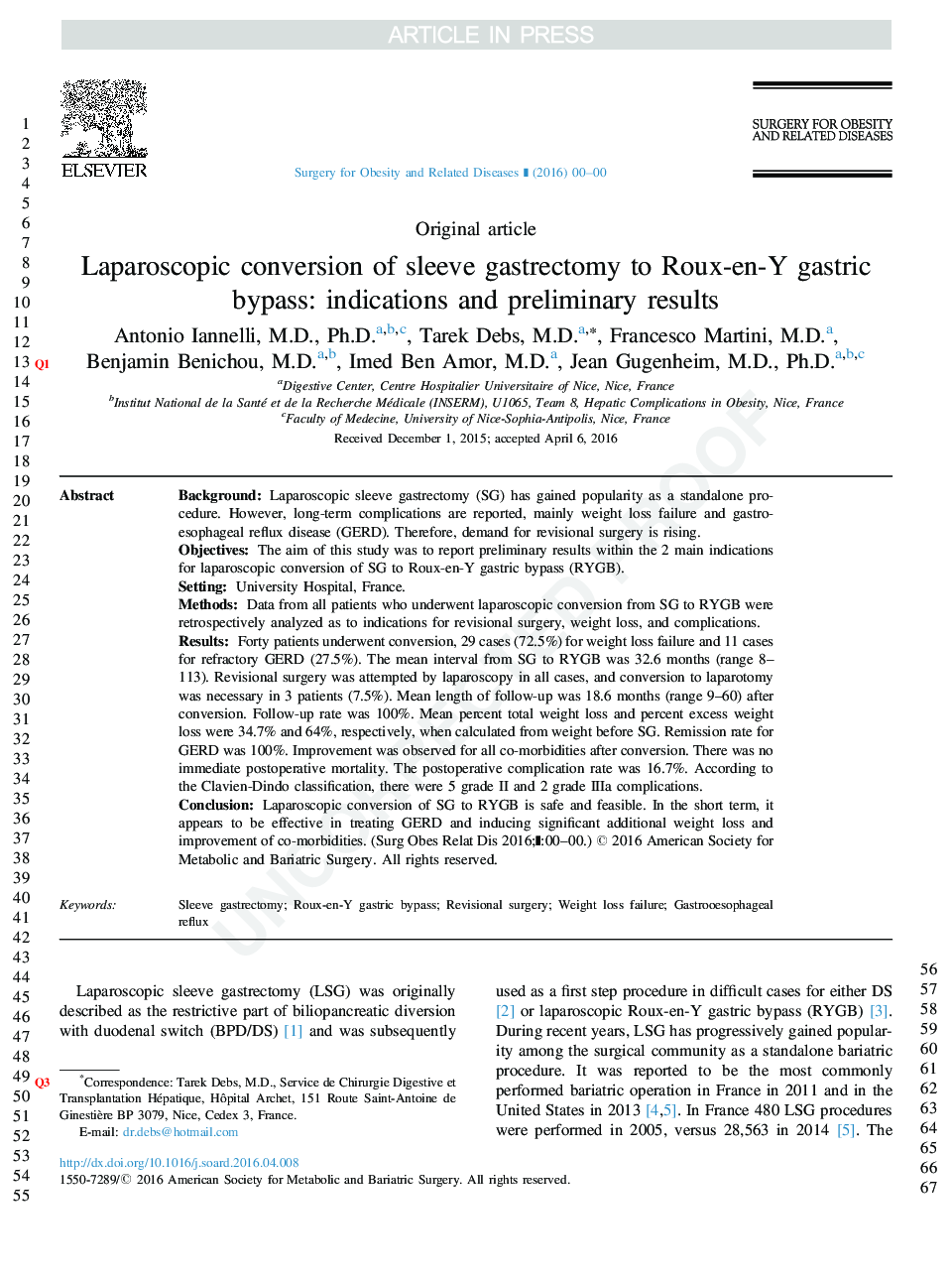 Laparoscopic conversion of sleeve gastrectomy to Roux-en-Y gastric bypass: indications and preliminary results