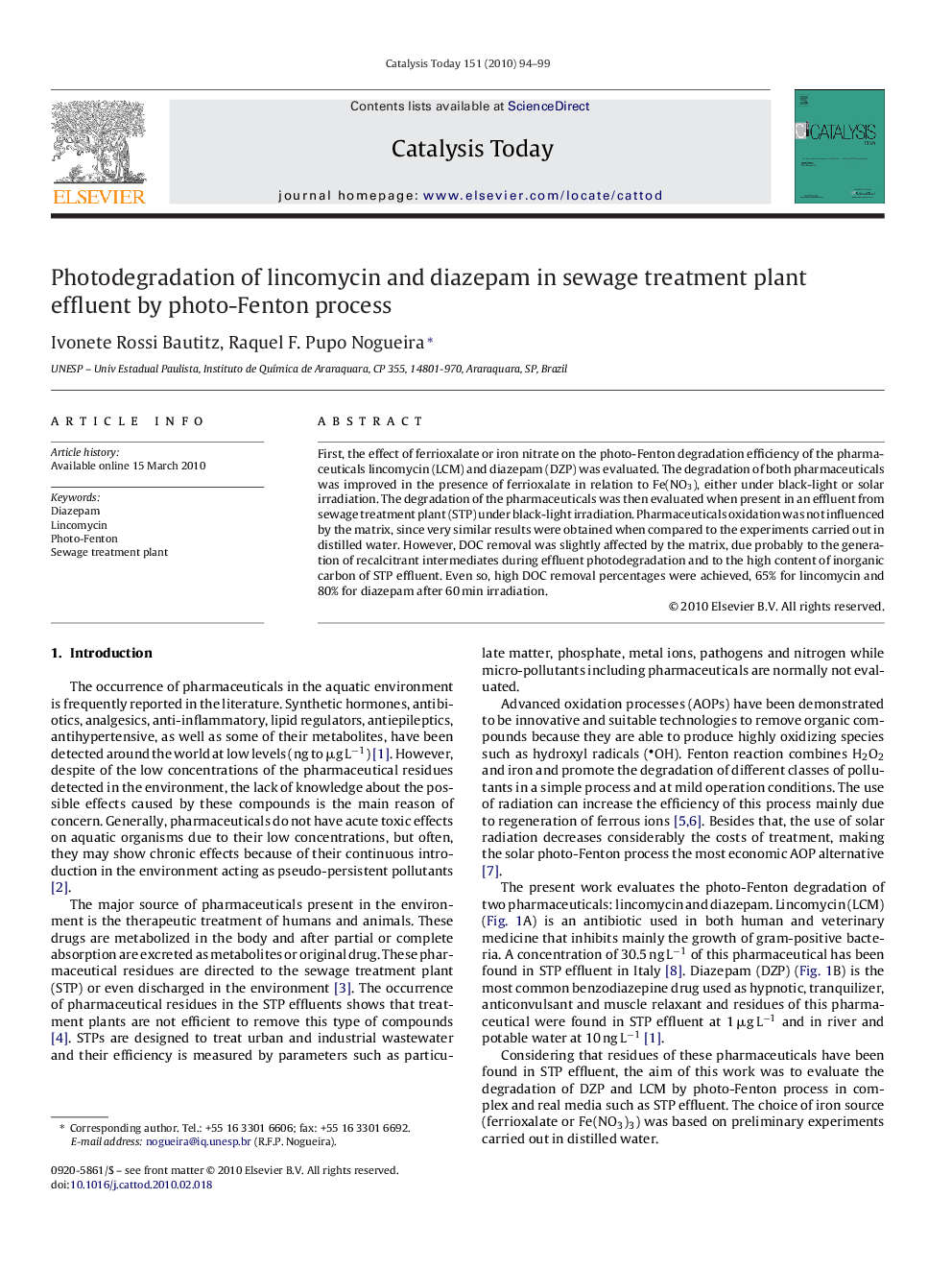 Photodegradation of lincomycin and diazepam in sewage treatment plant effluent by photo-Fenton process