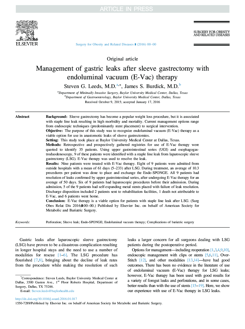 عکس صفحه اول مقاله: Management of gastric leaks after sleeve gastrectomy with endoluminal vacuum (E-Vac) therapy Management of gastric leaks after sleeve gastrectomy with endoluminal vacuum (E-Vac) therapy