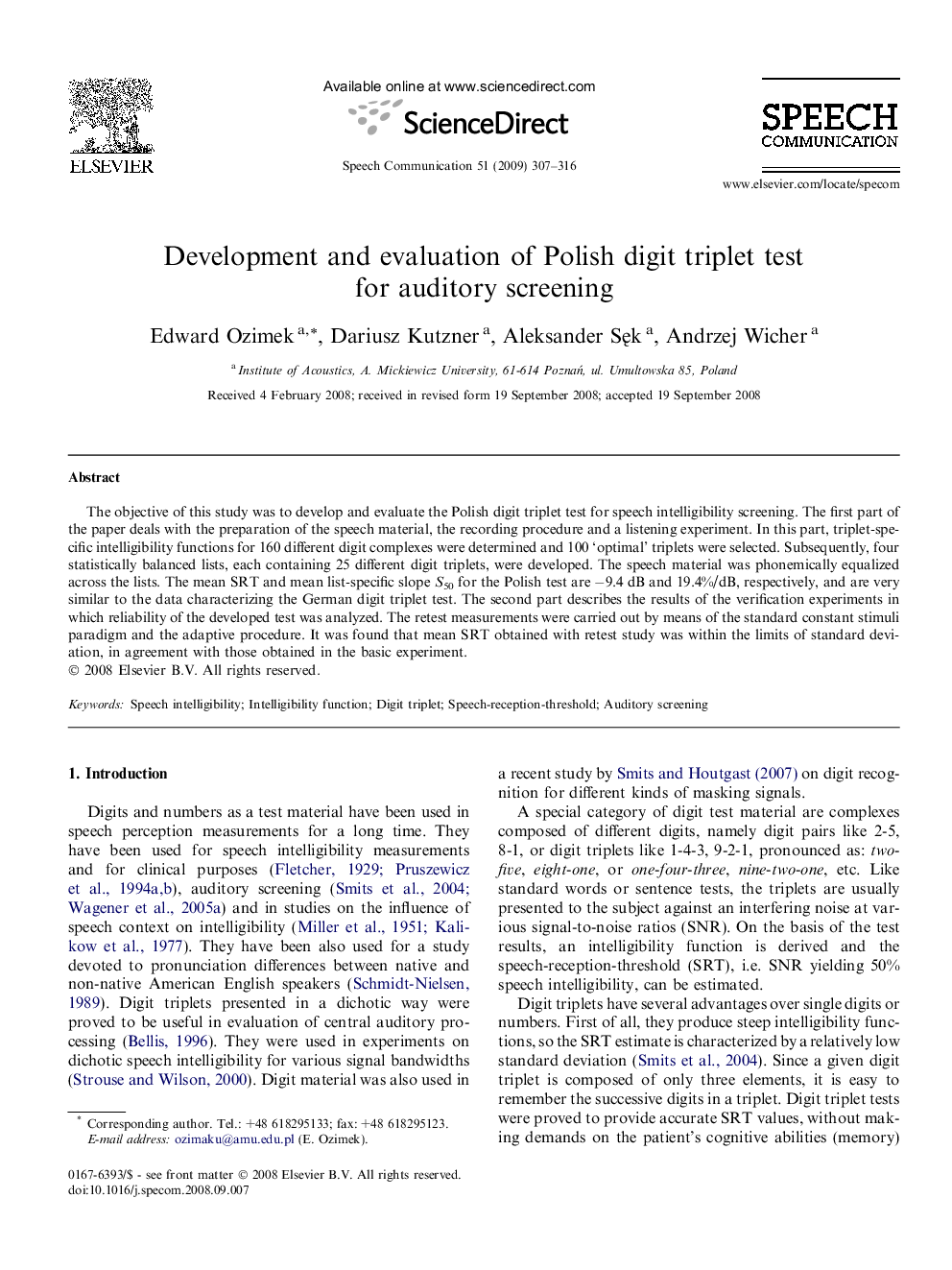 Development and evaluation of Polish digit triplet test for auditory screening