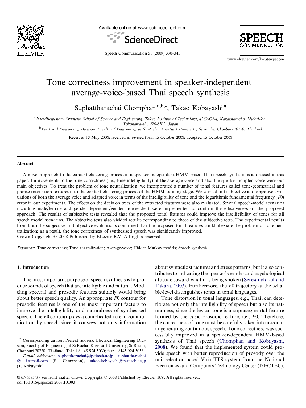 Tone correctness improvement in speaker-independent average-voice-based Thai speech synthesis