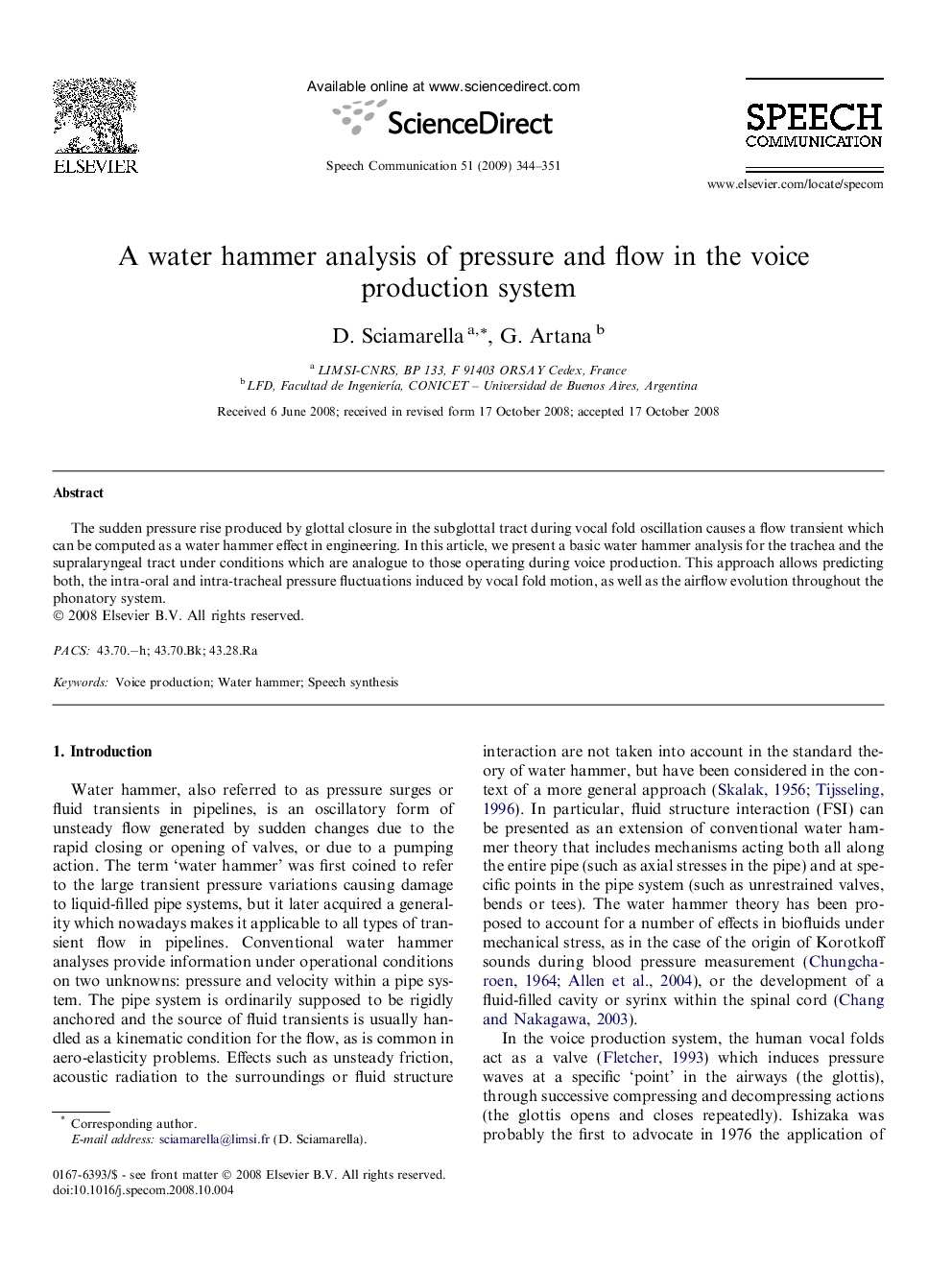 A water hammer analysis of pressure and flow in the voice production system