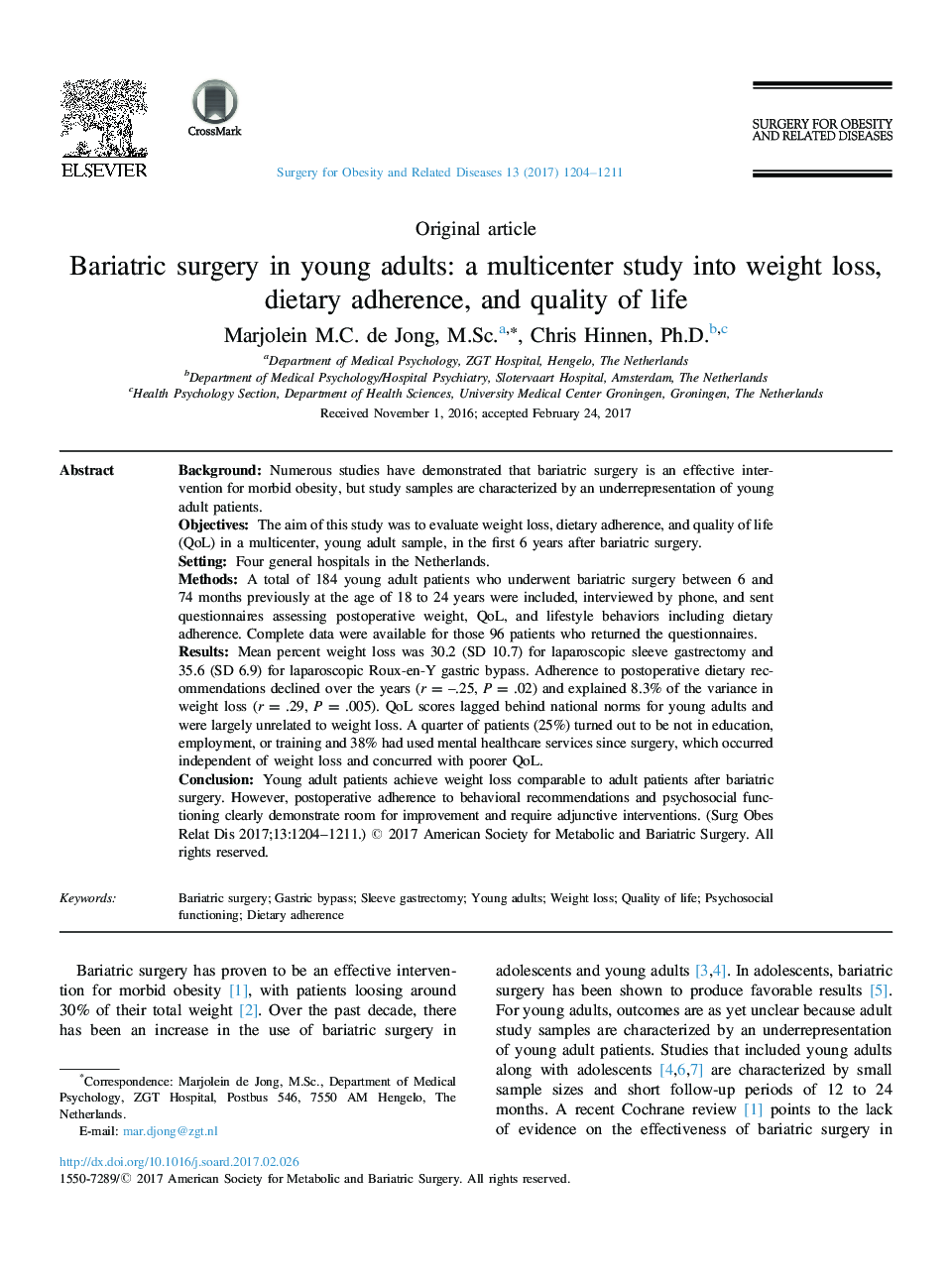 جراحی بارداری در بزرگسالان جوان: یک مطالعه چند محوری به کاهش وزن، رعایت رژیم غذایی و کیفیت زندگی است 