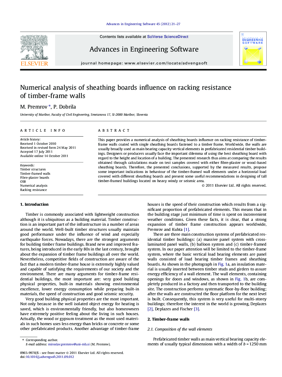 Numerical analysis of sheathing boards influence on racking resistance of timber-frame walls