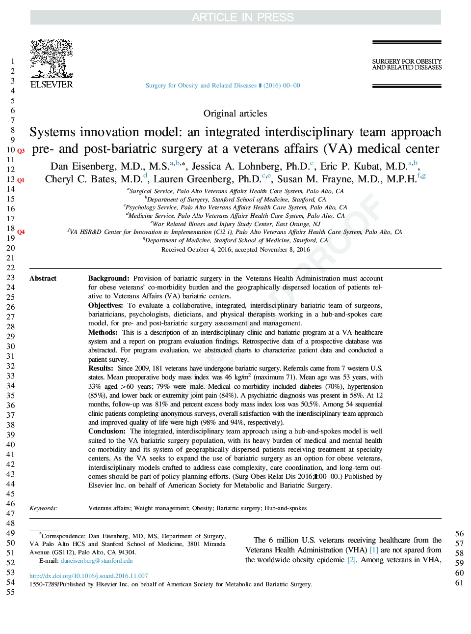 Systems innovation model: an integrated interdisciplinary team approach pre- and post-bariatric surgery at a veterans affairs (VA) medical center