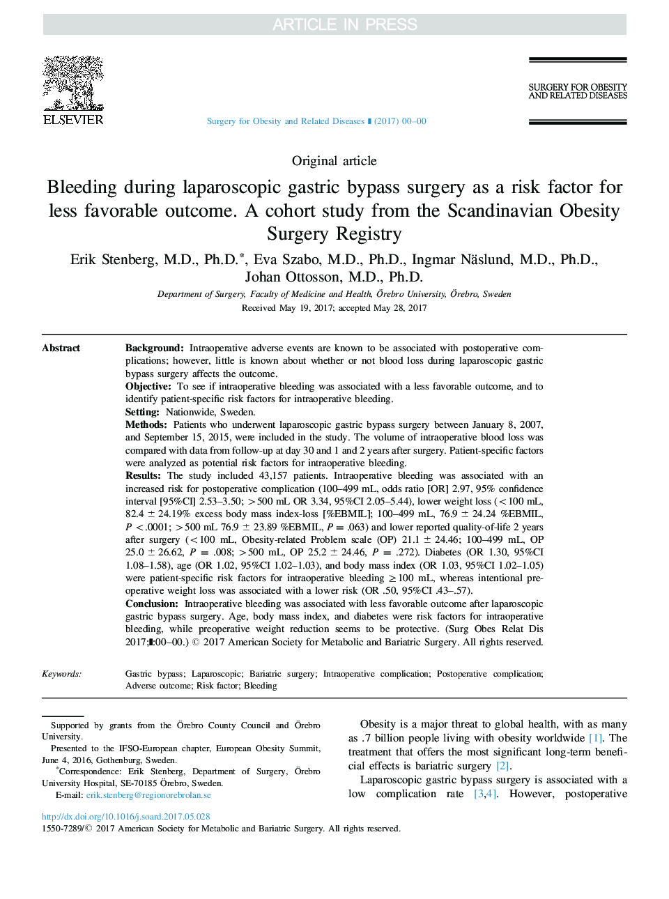 Bleeding during laparoscopic gastric bypass surgery as a risk factor for less favorable outcome. A cohort study from the Scandinavian Obesity Surgery Registry