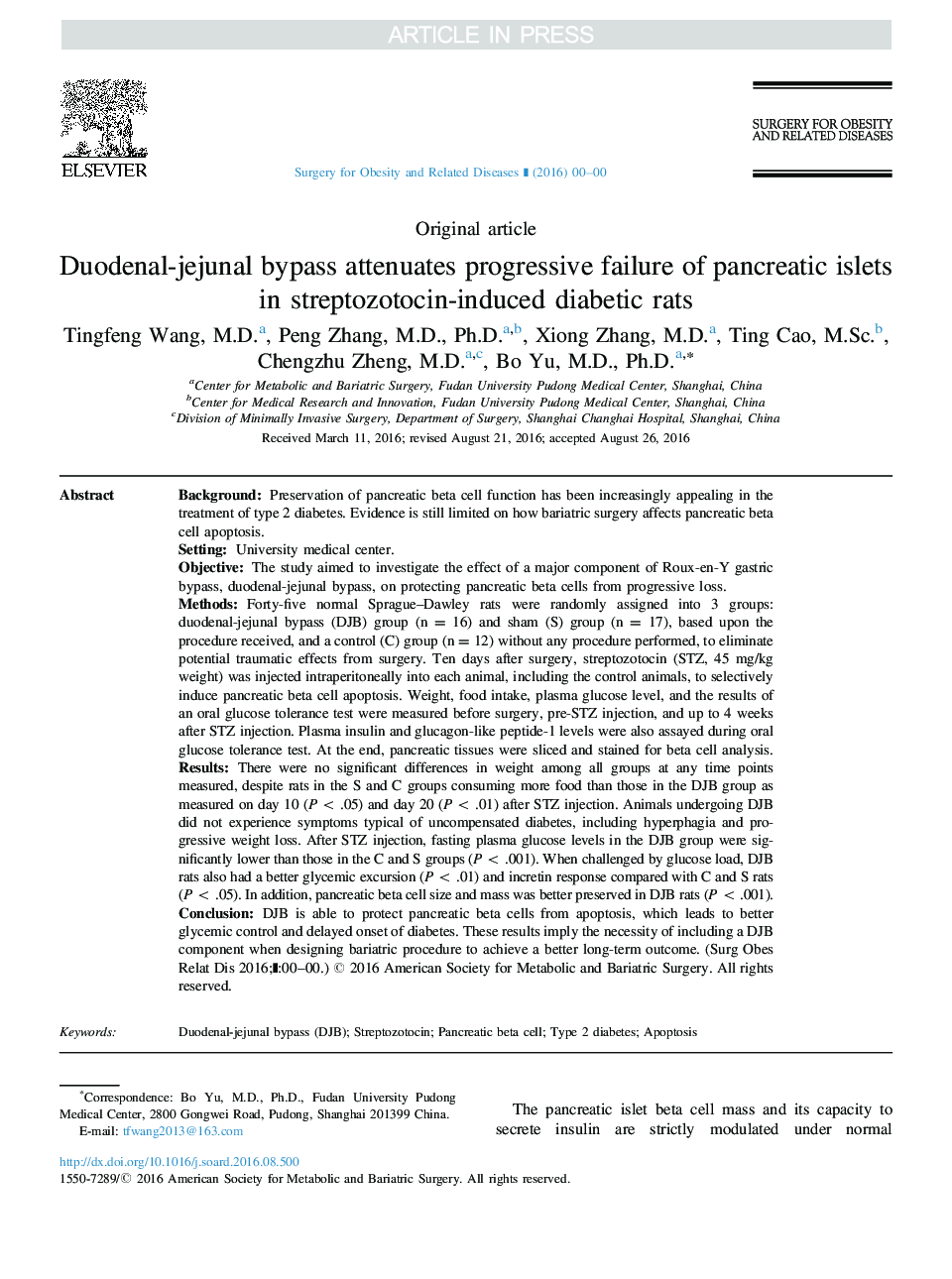 Duodenal-jejunal bypass attenuates progressive failure of pancreatic islets in streptozotocin-induced diabetic rats