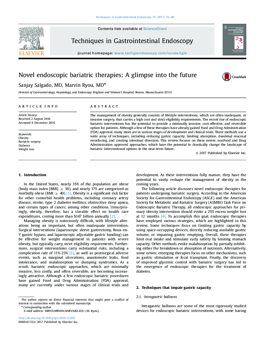 Novel endoscopic bariatric therapies: A glimpse into the future