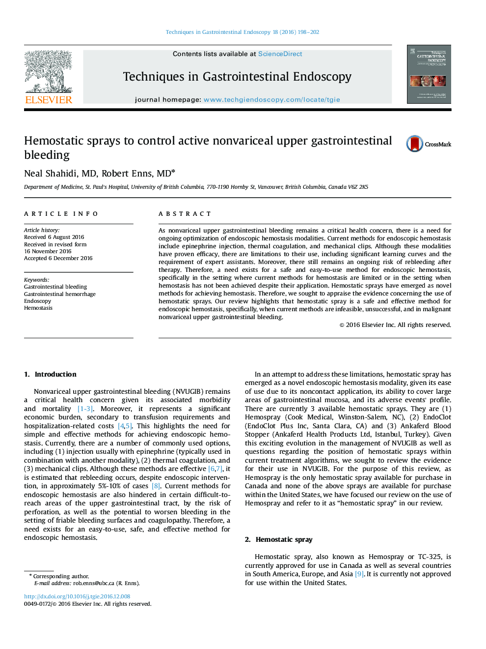 Hemostatic sprays to control active nonvariceal upper gastrointestinal bleeding