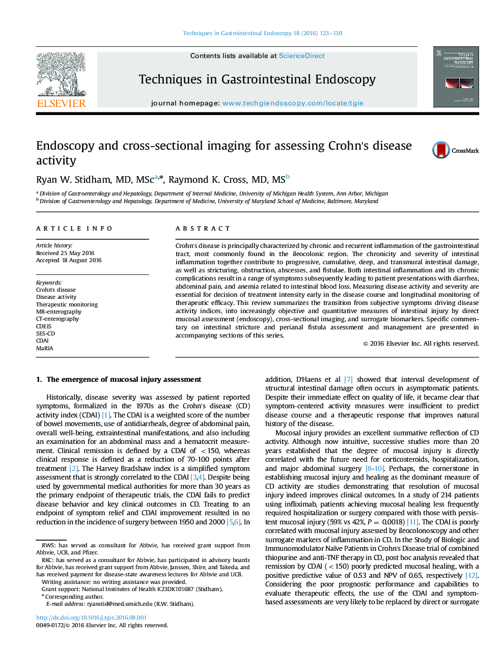 Endoscopy and cross-sectional imaging for assessing Crohn×³s disease activity