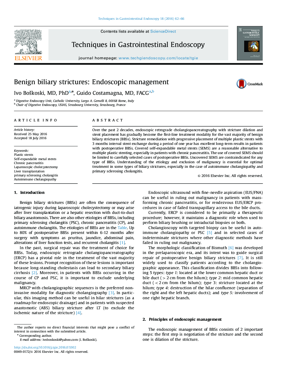 Benign biliary strictures: Endoscopic management