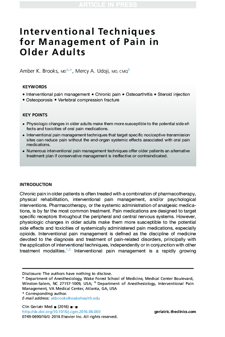 Interventional Techniques for Management of Pain in Older Adults