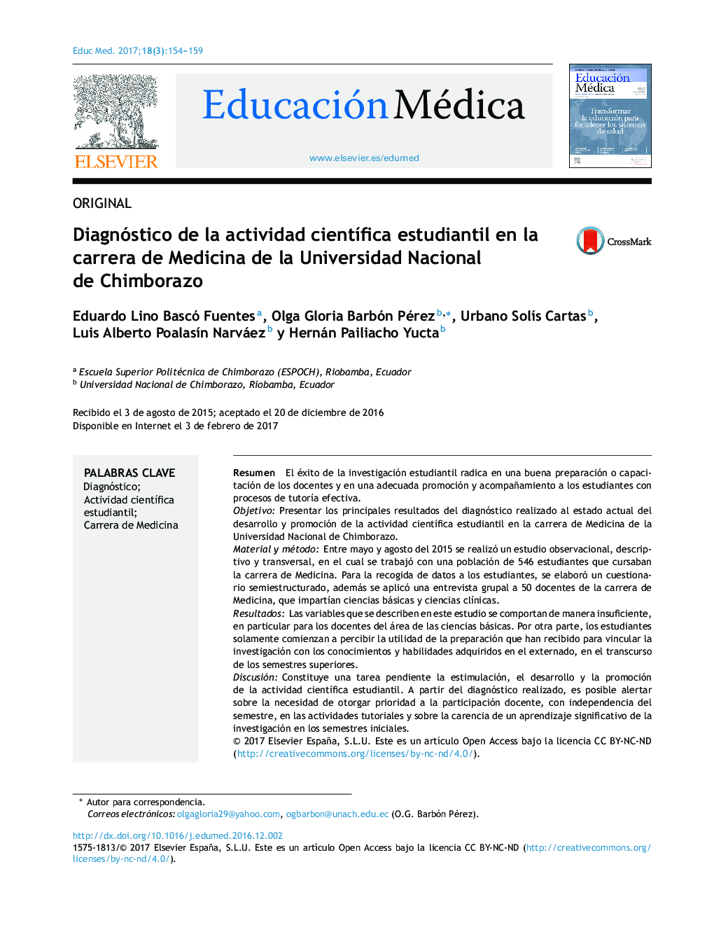 Diagnóstico de la actividad cientÃ­fica estudiantil en la carrera de Medicina de la Universidad Nacional de Chimborazo