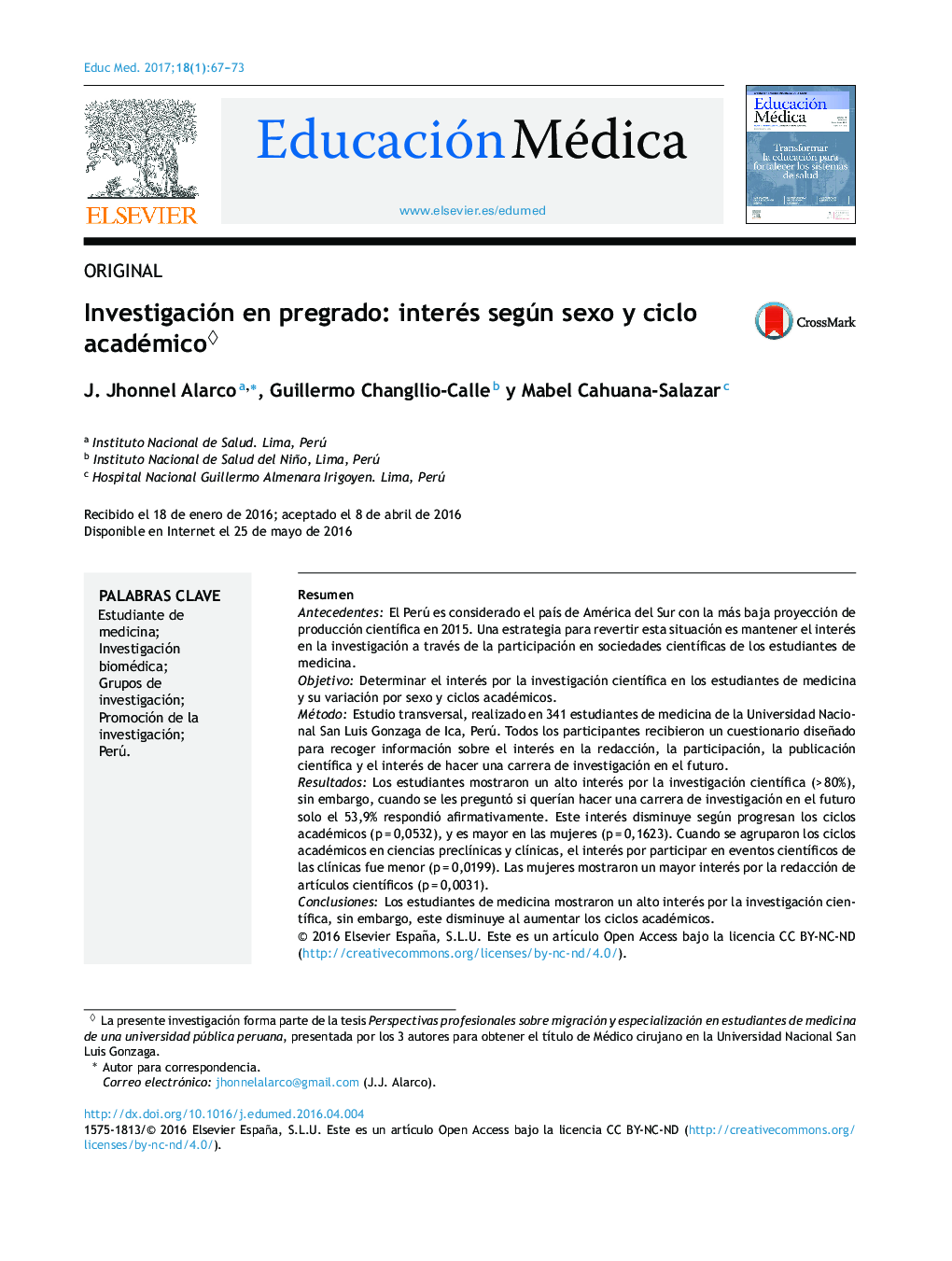 Investigación en pregrado: interés según sexo y ciclo académicoâ