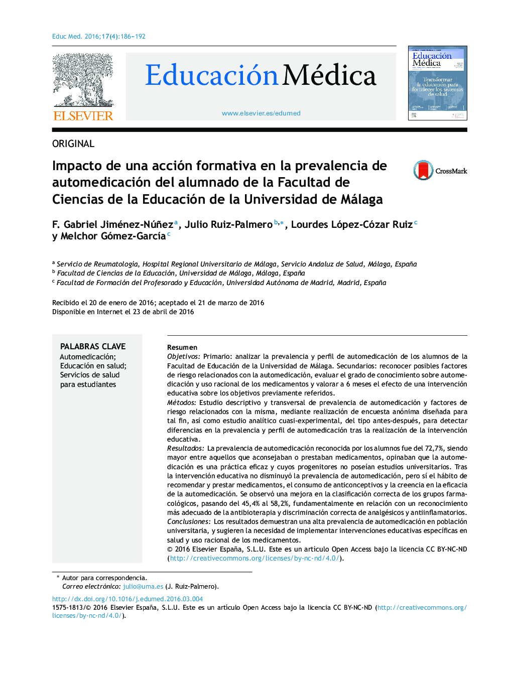 Impacto de una acción formativa en la prevalencia de automedicación del alumnado de la Facultad de Ciencias de la Educación de la Universidad de Málaga