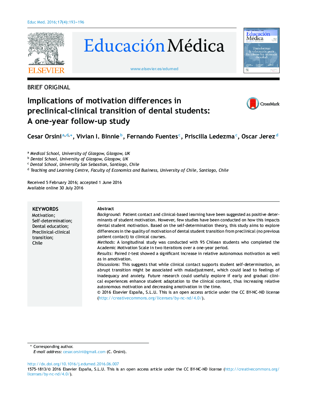 Implications of motivation differences in preclinical-clinical transition of dental students: A one-year follow-up study