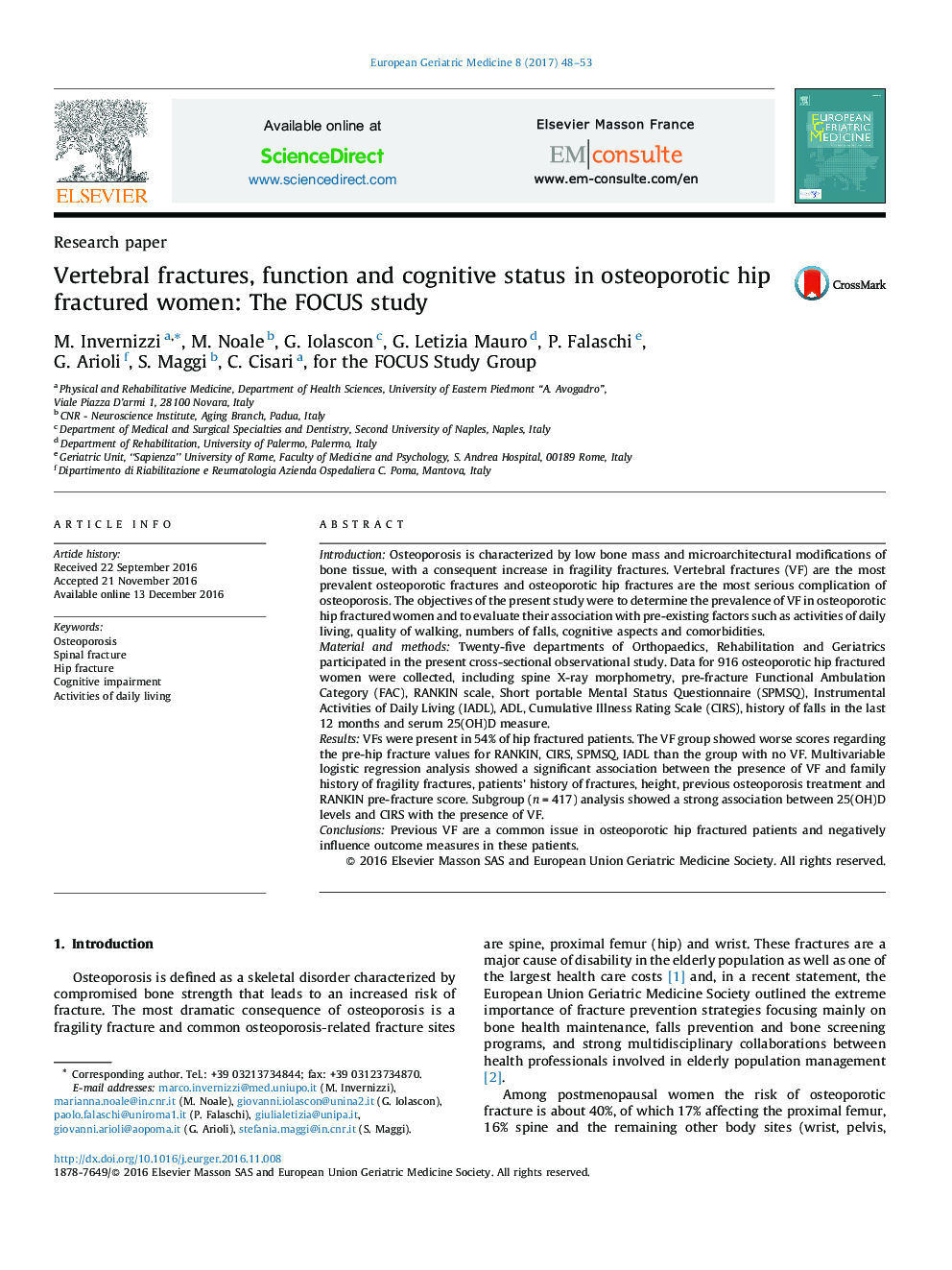 Vertebral fractures, function and cognitive status in osteoporotic hip fractured women: The FOCUS study