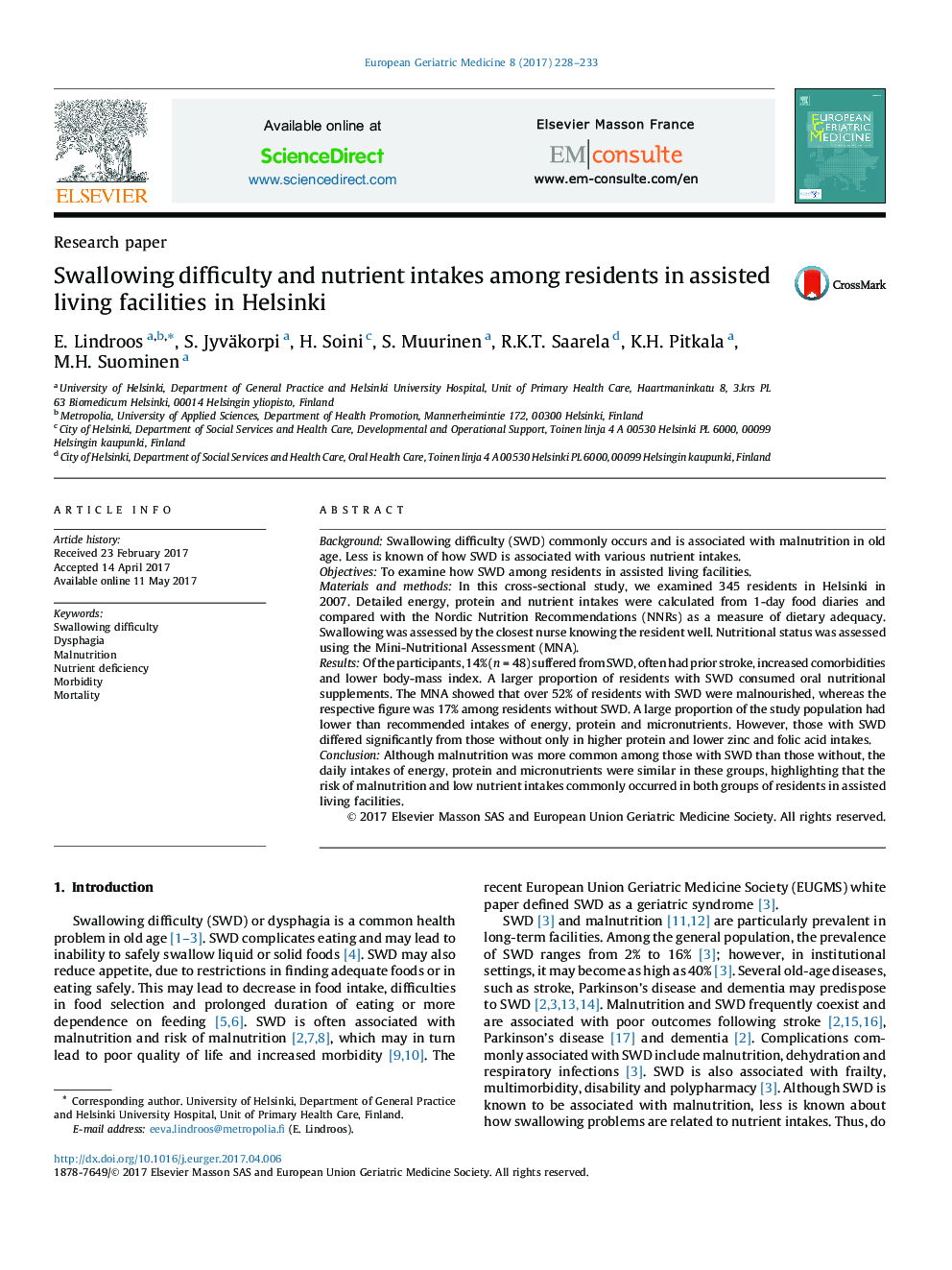 Swallowing difficulty and nutrient intakes among residents in assisted living facilities in Helsinki