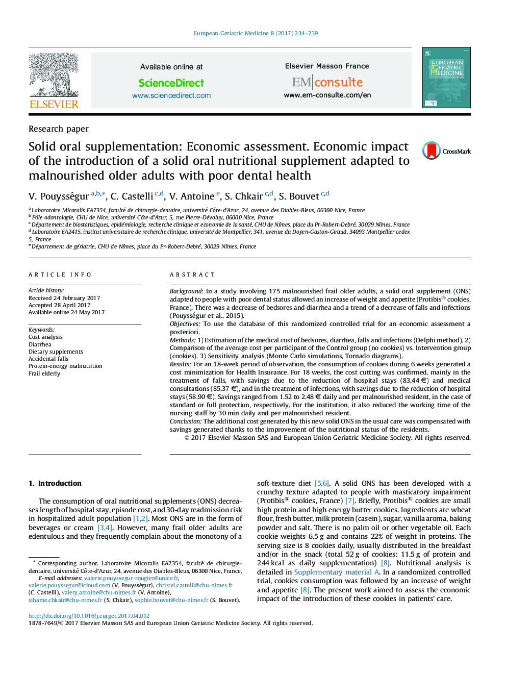 Solid oral supplementation: Economic assessment. Economic impact of the introduction of a solid oral nutritional supplement adapted to malnourished older adults with poor dental health