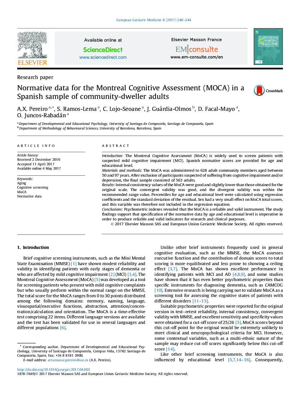 Normative data for the Montreal Cognitive Assessment (MOCA) in a Spanish sample of community-dweller adults