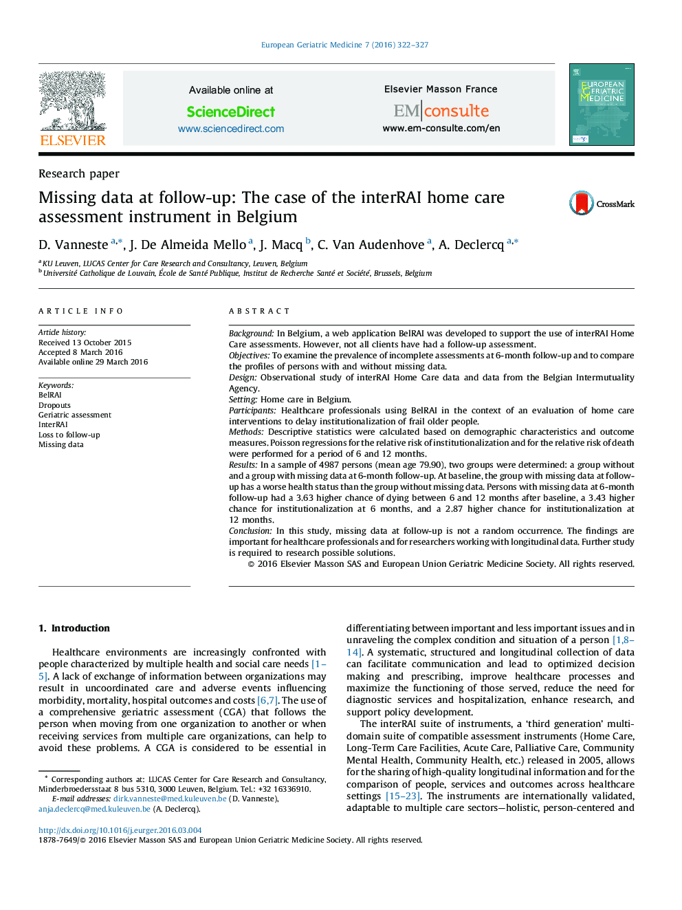 Missing data at follow-up: The case of the interRAI home care assessment instrument in Belgium