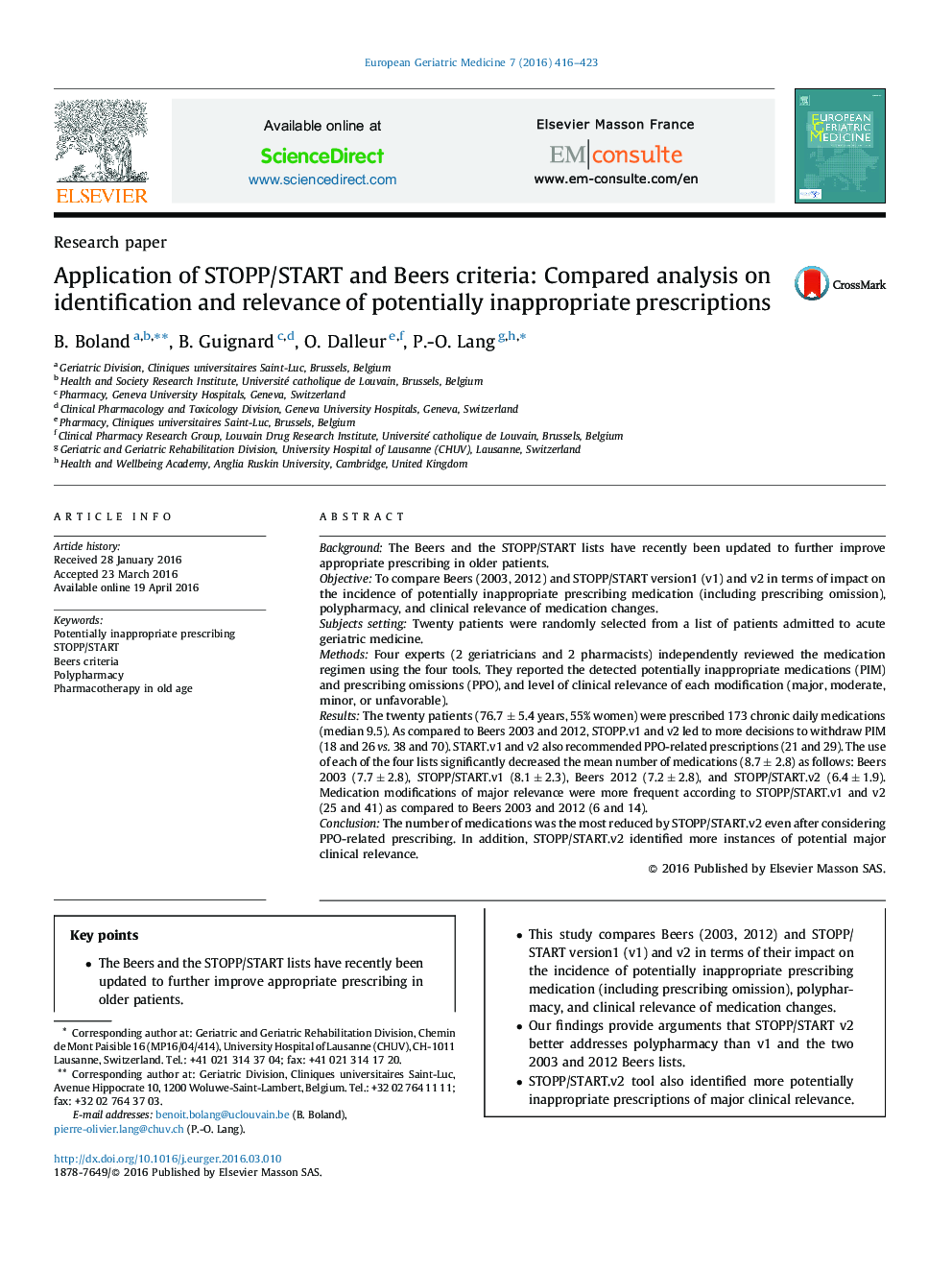 Application of STOPP/START and Beers criteria: Compared analysis on identification and relevance of potentially inappropriate prescriptions