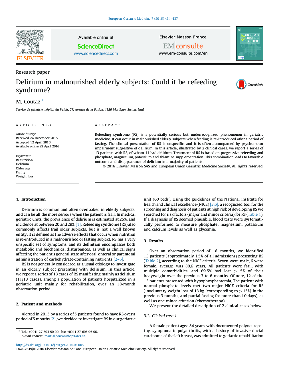 Delirium in malnourished elderly subjects: Could it be refeeding syndrome?