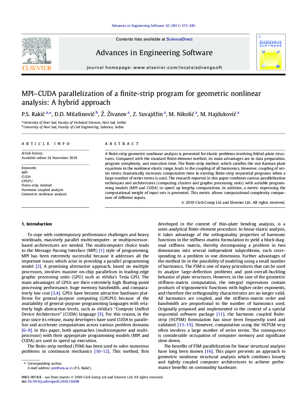 MPI–CUDA parallelization of a finite-strip program for geometric nonlinear analysis: A hybrid approach