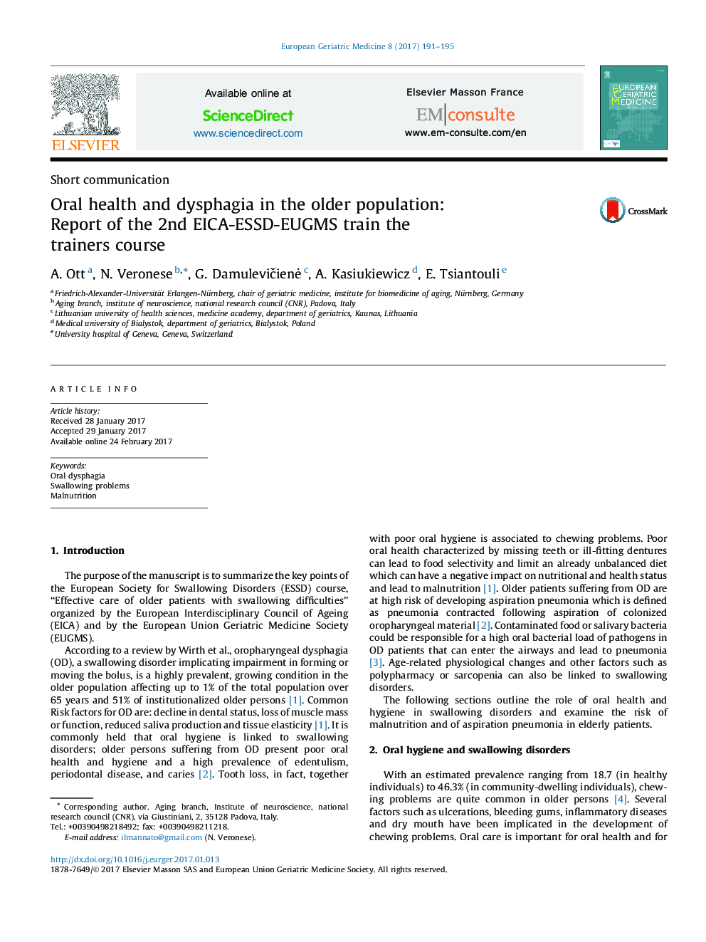 Oral health and dysphagia in the older population: Report of the 2nd EICA-ESSD-EUGMS train the trainers course