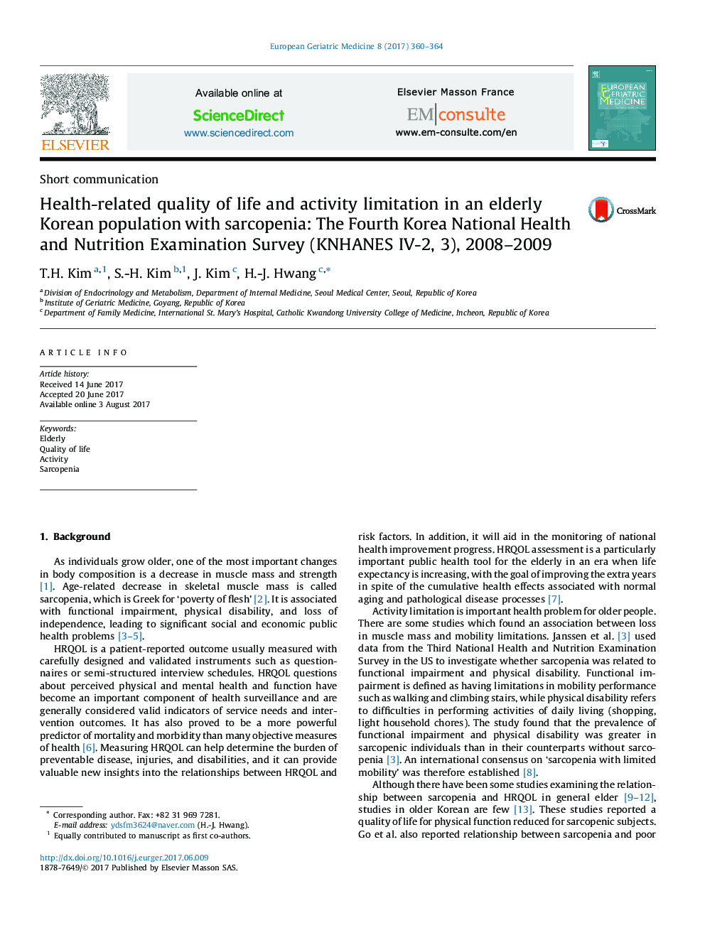 Health-related quality of life and activity limitation in an elderly Korean population with sarcopenia: The Fourth Korea National Health and Nutrition Examination Survey (KNHANES IV-2, 3), 2008-2009