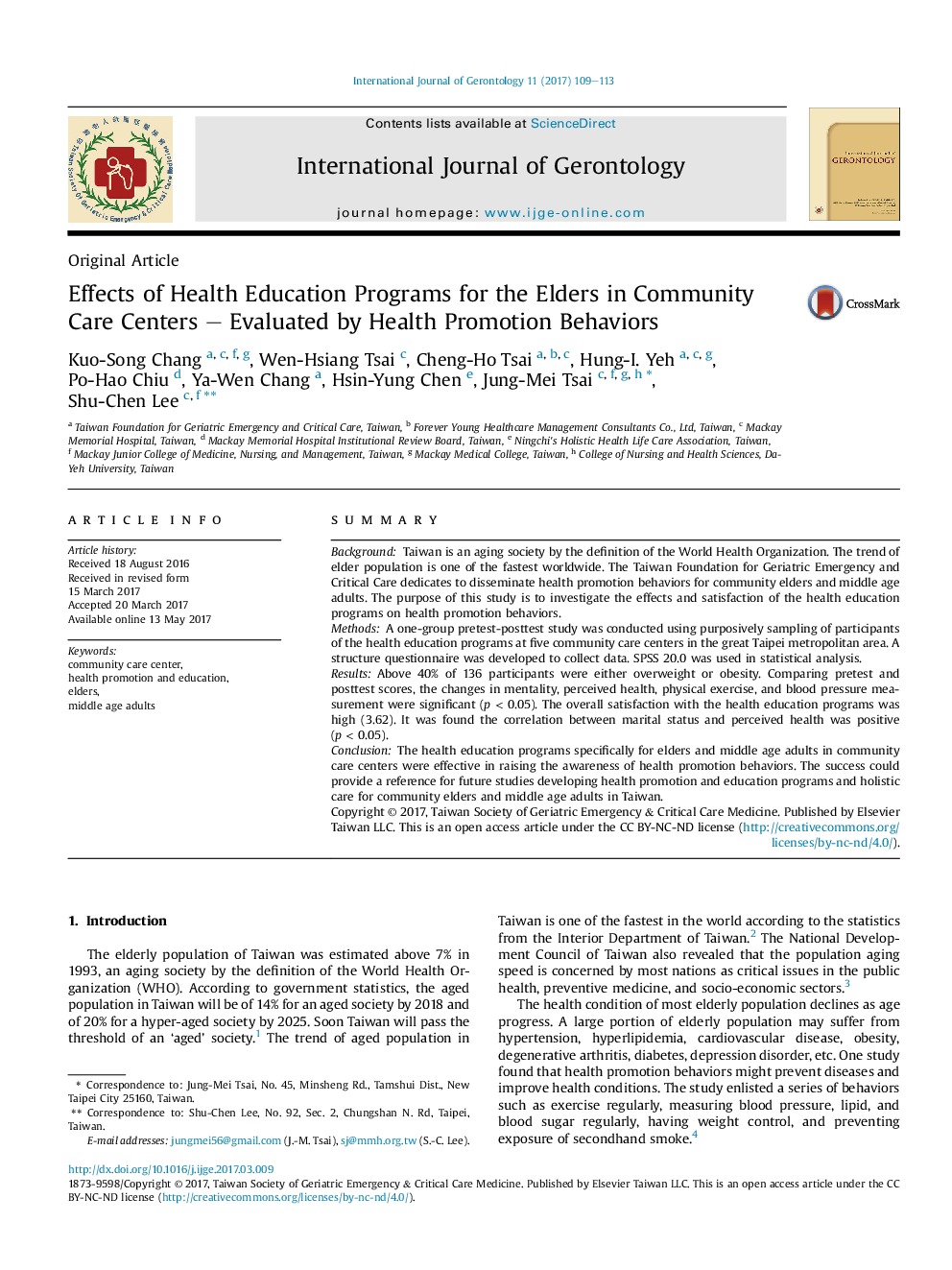 Effects of Health Education Programs for the Elders in Community Care Centers - Evaluated by Health Promotion Behaviors